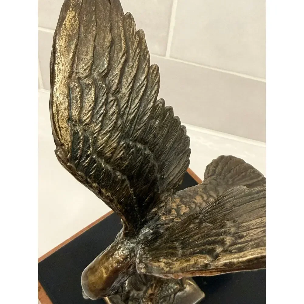 Vintage Antiqued Brass Signed‎ Eagle Sculpture on Base